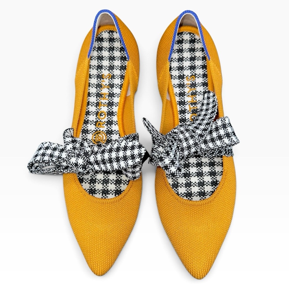 Rothy's The Mary Jane Golden Gingham Yellow Houndstooth Bow Flat Size 7 EU 37.5 - Picture 6 of 6